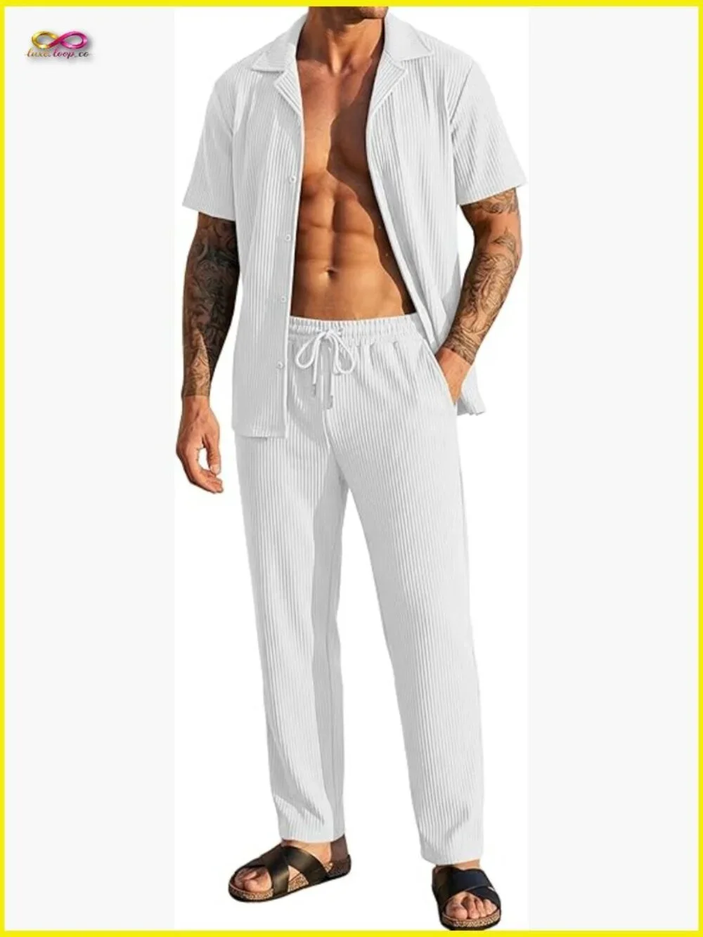 Pleated Textured Matching Set Short Sleeve Button Down Shirt And Pants Classic
